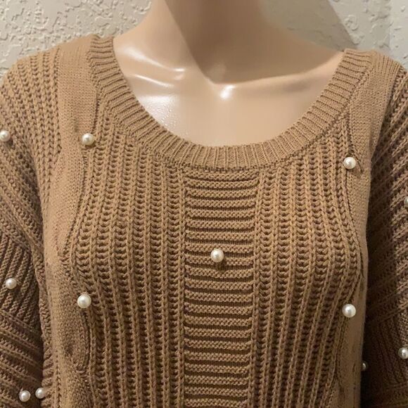 Cable Knit Camel Sweater Dress with Pearls - Picture 12 of 17